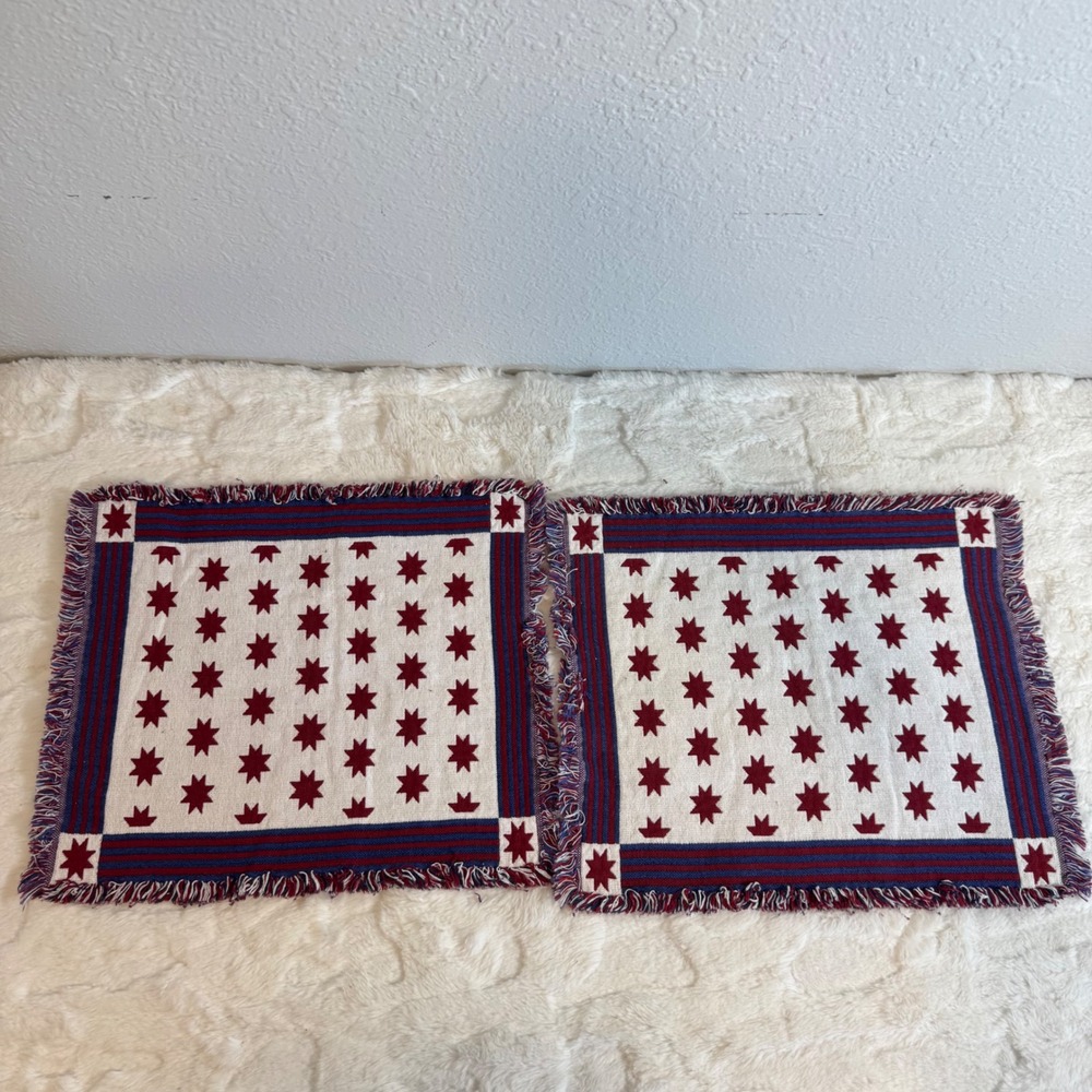 Vintage Americana Star Stripes Woven Fringed Placemats Set of 2 Red White Blue